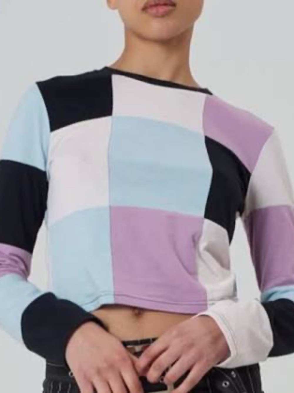 Ragged Priest Information long sleeve Crop Top in Purple/Blue/White block- SMALL